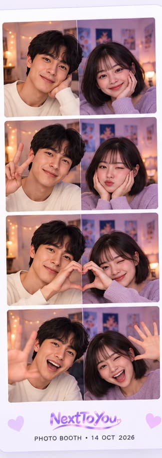 A Classic Lavender strip: an Asian couple smile, make a peace sign, heart hands and laugh across four photos.