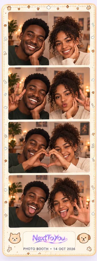 A Pet Pals strip with a cat and a dog: a couple grin, make peace signs, heart hands and a cheeky final shot.