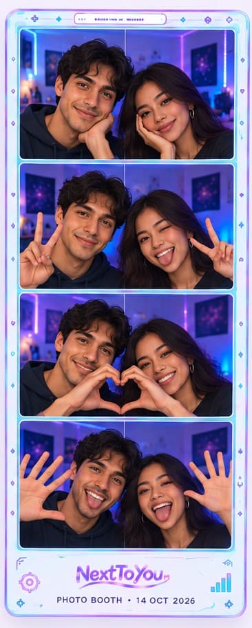 A Sci-Fi Neon strip with glowing panels: a couple pose in neon light with peace signs, heart hands and waves.
